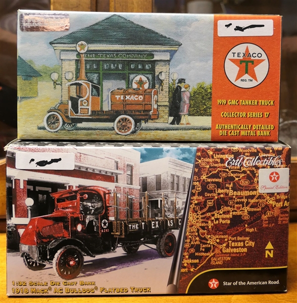2 Texaco Banks by Ertl Collectibles - 1919 GMC Tanker Truck and 1918 Mack AC Bulldog Flatbed Truck 