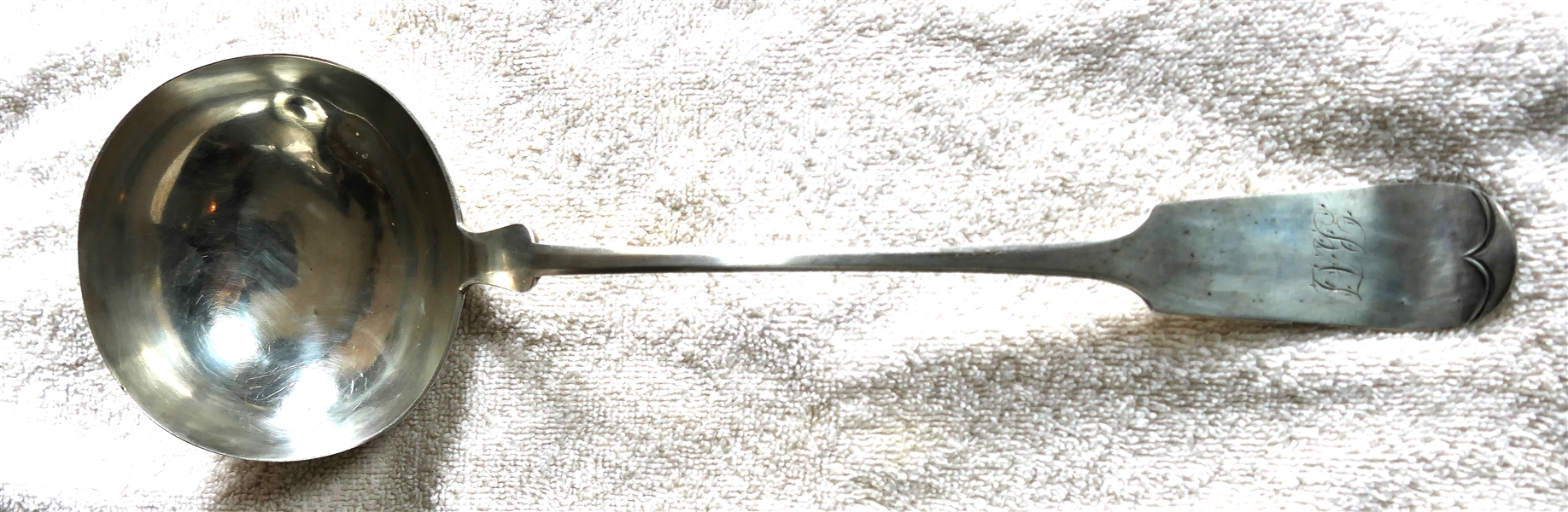 American Coin Silver Fiddle Handle Ladle by Bailey & Co. Philadelphia, c. 1848-1856 - Monogrammed Handle - Measures 13 1/2" Long Bowl 4" Across