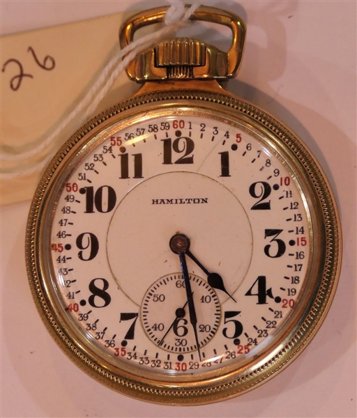 Hamilton 21 Jewels 992 Double Roller Pocket Watch - Serial Number 2405441 - Keystone 10kt Gold Filled Case - Size 16 - Safety Dial with Second Sub Dial - Hairline Between 12 - 1 - Watch is Running