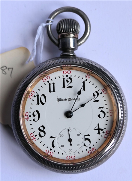 Illinois Watch Co. Swing Out Pocket Watch - 17 Jewels - Serial Number 2317109 - -Illinois Watch Case Co. Elgin Hercules 3 -Applied Copper Miner Figure On Back of Case -  Second Sub Dial - Red...