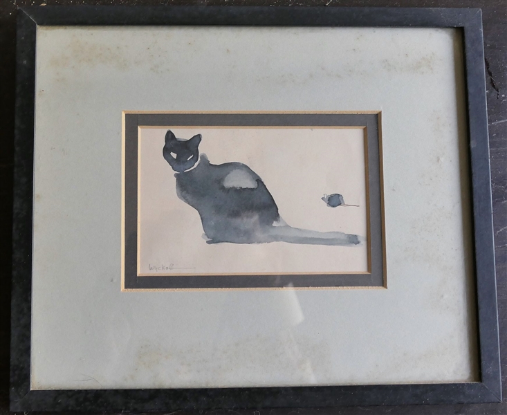 Artist Wyckoff Watercolor Painting of Cat and Mouse - Framed and Matted - Frame Measures 9" by 10 1/2" 