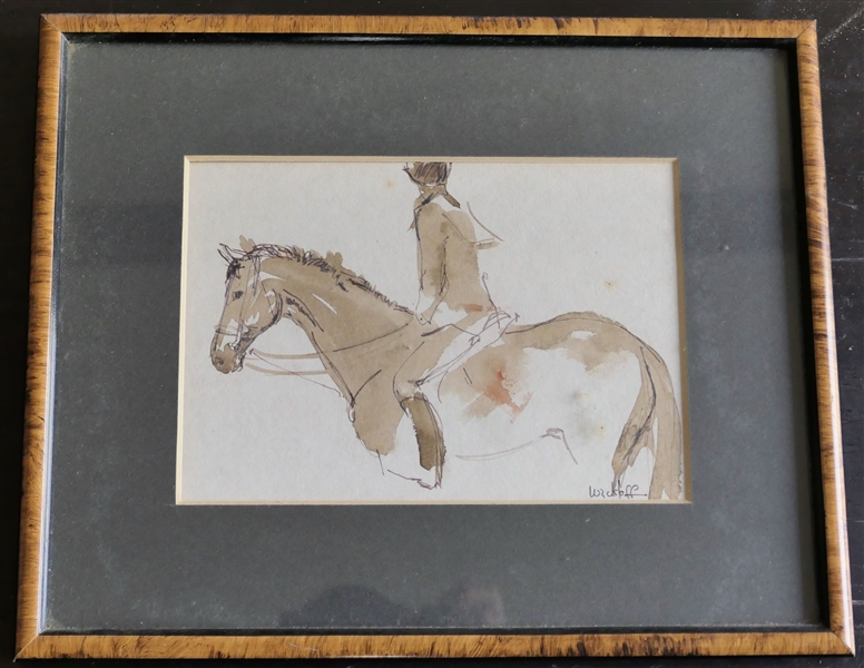 Artist Wyckoff Watercolor Painting of Horse and Rider - Framed and Double Matted - Frame Measures 8 1/2" by 10 1/2" 