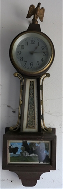 New Haven Miniature Banjo Clock with Reverse Painted Door - Some Paint Missing - Eagle Finial - Clock Measures 18 Tall 6 Across