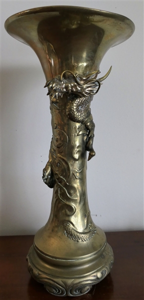 Awesome Heavy Asian Brass Dragon Vase - Signed on Bottom - Measures 13 3/4" Tall 7" Across