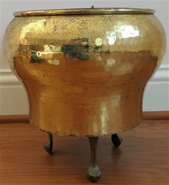 Hammered Brass Planter with Brass Insert on Footed Stand with Lion On Top - Measuring 4" Tall 7 1/2" Across