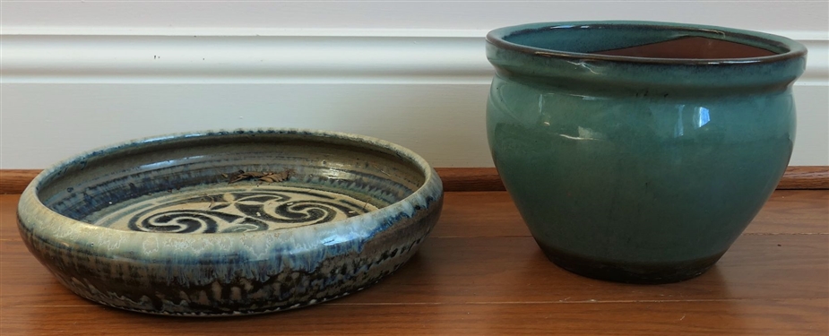 Pretty Turquoise Glazed Terracotta Planter and Decorated Art Pottery Low Dish - Dish Measures 12" Across - Planter Measures 8 1/2" Across