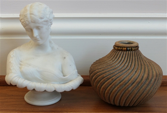 Artist Signed and Dated Art Pottery Vase and Porcelain Bust of Woman - Vase Measures 4" tall Bust 7 1/2" Tall 