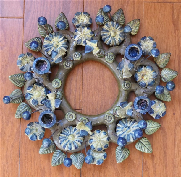 Art Pottery and Metal Candle Ring Center Piece with Flowers, Leaves, and Birds  - Measuring 12" Across