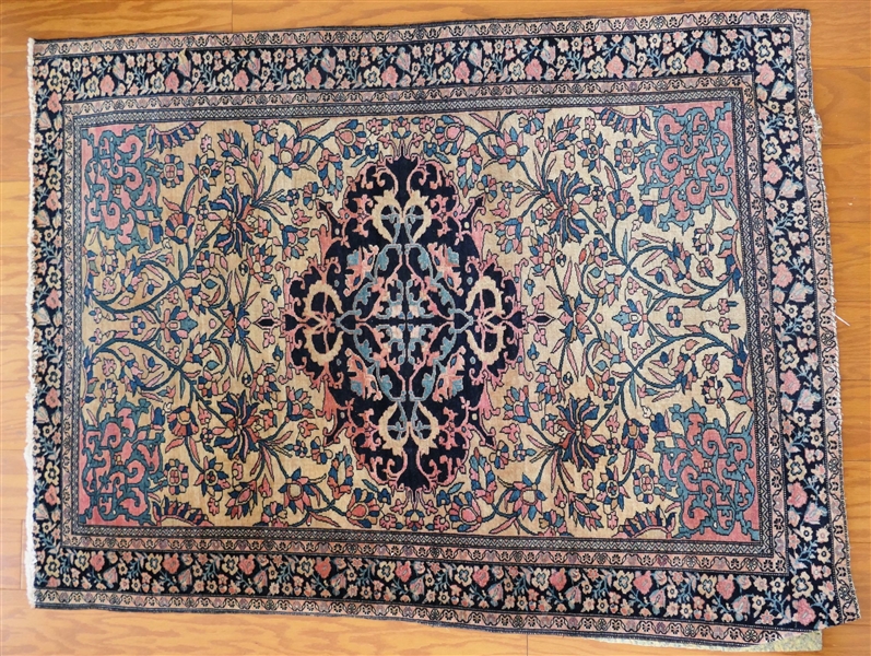 Hand Knotted Oriental Silk Rug - Navy, Cream, and Pink with Birds and Flowers - Measures 55 1/2" by 40 1/2" 