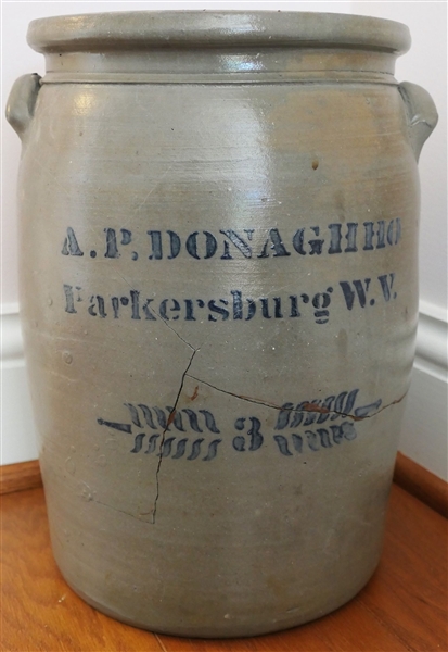 A.P. Donaghho - Parkersburg W.V. 3 Gallon Crock - Has Been Cracked and Repaired - Measures 14" tall 9" Across