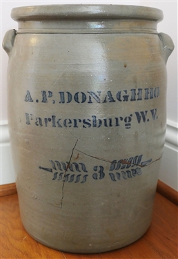 A.P. Donaghho - Parkersburg W.V. 3 Gallon Crock - Has Been Cracked and Repaired - Measures 14" tall 9" Across