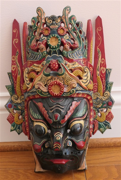 Oriental Hand Carved and Hand Painted Mask - Measuring  13" by 9 1/2"