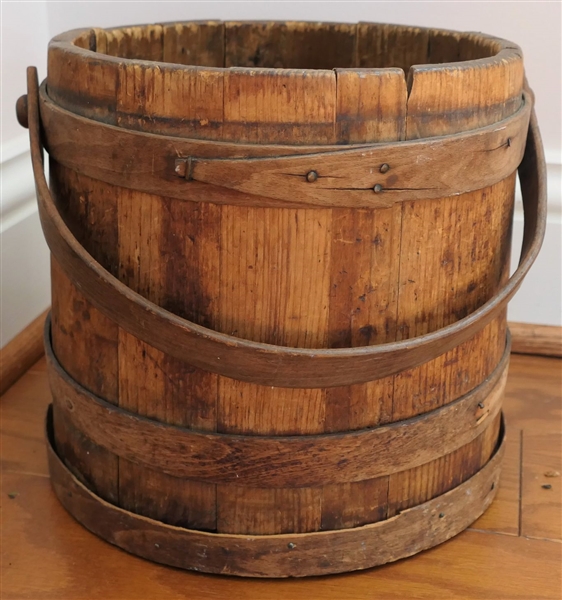 Wood Sugar Bucket with Wood Bands - Missing Lid - Measures  9 3/4" tall 9 1/4" Across