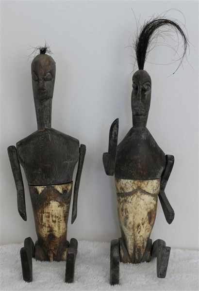 Pair of Hand Carved Horn and Wood Figures With Articulating Arms and Legs and Horse Hair "Hair" - Measuring 6" and 6 1/2" Tall - 