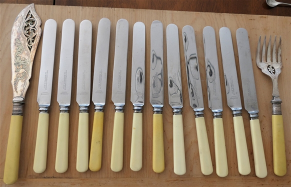 Heavily Engraved Fish Knife and Serving Fork with Sterling Silver Bands and 12 Ross & Alexander Celluloid Handled Knives 