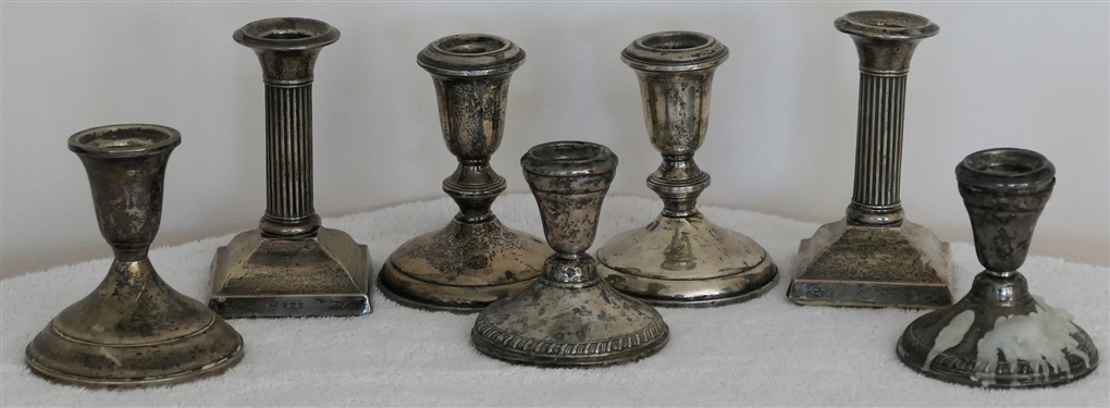 8 Weighted Sterling Silver Candle Holders - Pair of English Hallmarked Column Style Measuring 4 3/4" Tall, Pair of Towle Sterling Measuring 4 1/4" tall, and 3 Others - 1 Not Pictured