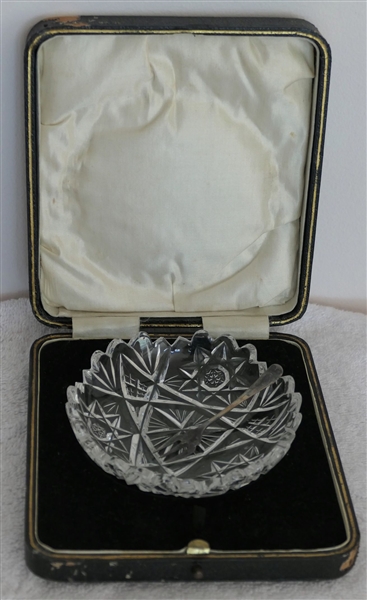 Beautiful Cut Glass Caviar Dish with Hallmarked Silver Fork in Fitted Case - Dish Measures 4 1/4" Across, Fork Measures 3" 