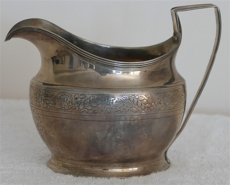 Hallmarked English Silver Creamer - Hand Engraved Decoration - Measures 4" Tall 6" Spout To Handle