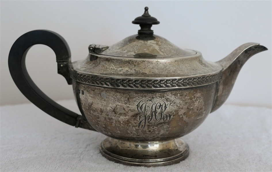 Hallmarked Sterling Silver Tea Pot with Wood Handle and Top - Monogrammed On Front - Measures 6" tall 9" Spout To Handle