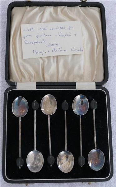 Set of 6 Sterling Silver Espresso Spoons with Coffee Bean Ends in Fitted Case - Each Spoon Measures 3 1/2" Long
