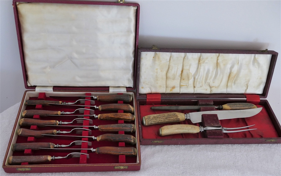 Stag Handled Carving Set and 12 Piece Fork & Knife Set in Original Fitted Boxes - Carving Set - Made in England - Knives and Forks Marked Gee C. Holmes Ltd. 