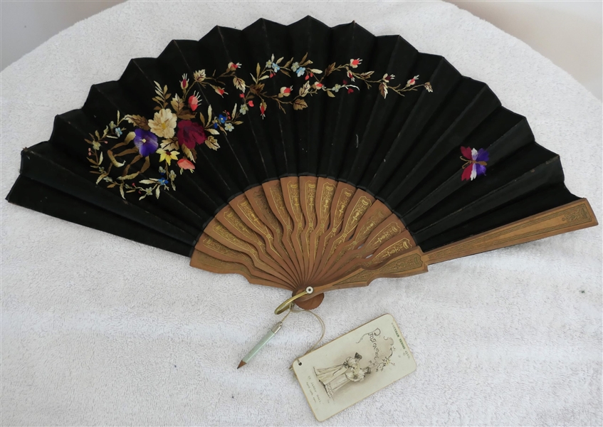 Embroidered Hand Fan with Flowers and Butterflies - With 1901 Wrexham Tennis Club Programme Attached with Attached Pencil - fan Measures 12" Long