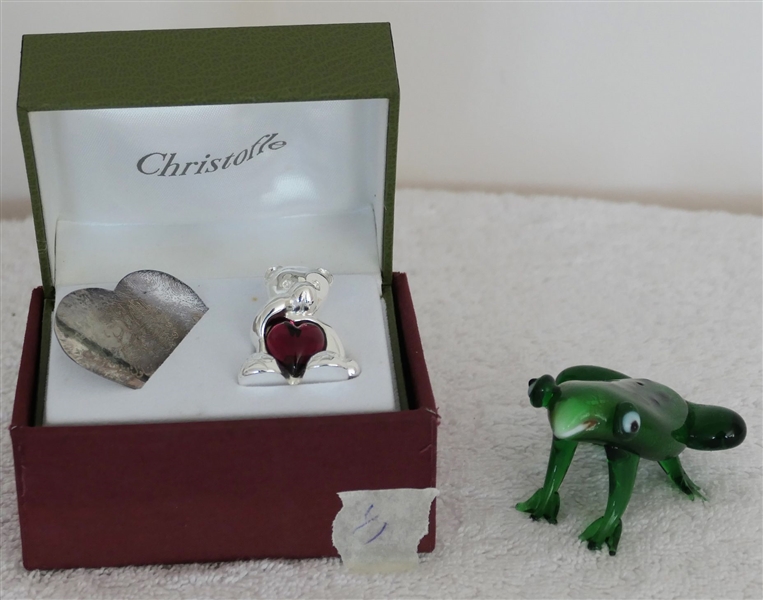 Christofle Bear and Heart with Engraved Oriental Designs in Original Fitted Box and Art Glass Frog Figure - Frog Measures 1 1/2" Tall 2 1/4" Long