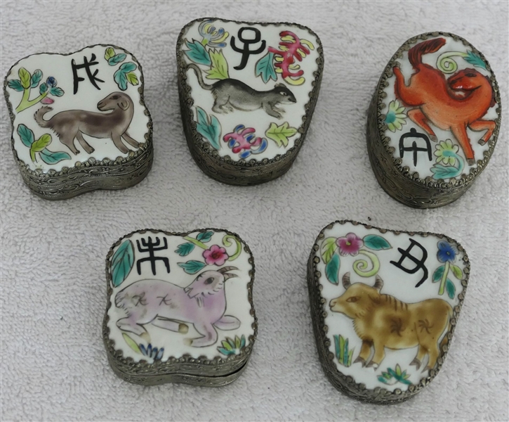 5 Oriental Metal Trinket Boxes with Porcelain Tops with Animal Designs on Each - Boxes Measure Approx. 1 1/2" Tall 2" - 3" Across - Each Box Has Mirrored Lid 