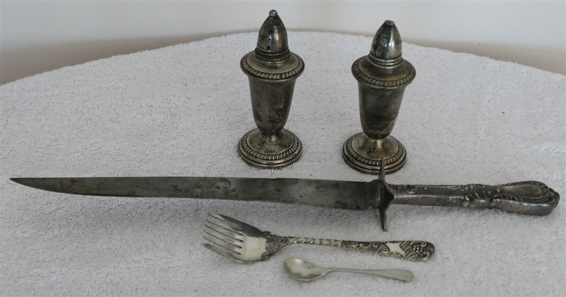Sterling Silver Lot including Crown Sterling Silver Shakers with Glass Inserts, Sterling Handled Knife, Hallmarked Silver Salt Spoon, and Not Silver Fork 