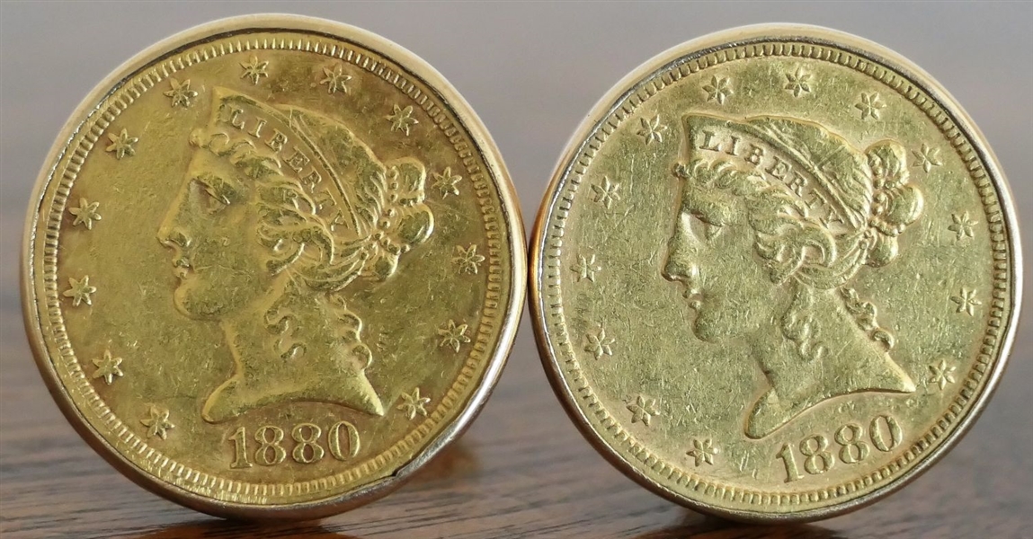 Outstanding Pair of Gold Coin Cuff Links - 2 1880 - $5 Dollar American Gold Coins Set in 14kt Gold Cuff Links - Coins Can Be Removed - Not Soldered In 