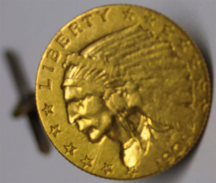 1909 Indian Head $2 1/2 Dollar Gold Coin - Made Into A Tie Tack 