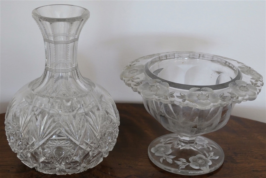 Glass Compote with Satin Etched Flowers and Cut Glass Vase - Vase Measures 8 3/4" Tall Floral Compote Measures 8" Across