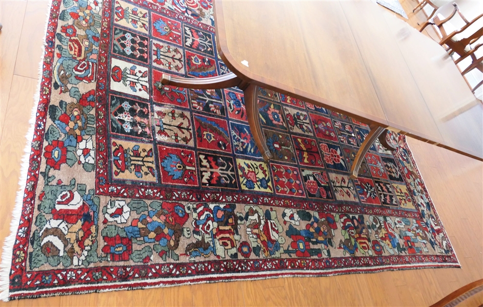 Handwoven Oriental Rug - Red Background with Green and Blue Details - Measures 99" by 72" - Some Wear to 1 End - See Photos