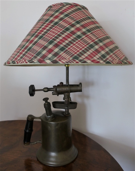 Table Lamp Made From Brass Torch - Plaid Shade - Lamp Measures 20" Tall 