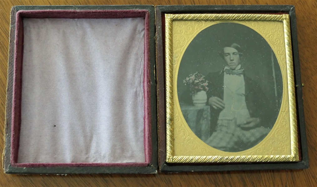 Ambrotype Photograph of Young Man with a Bouquet of Flowers - In Case - Image Measures 3 1/4" by 2 3/4"