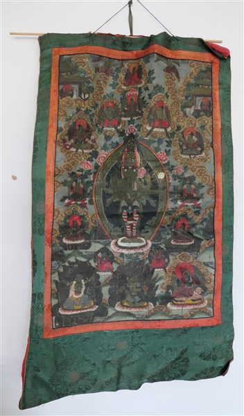 Antique Buddhist Thangka - Scene Painted on Cotton with Silk Border - Measures 42" by 28" Some Paint Loss and Small Holes - See Photos