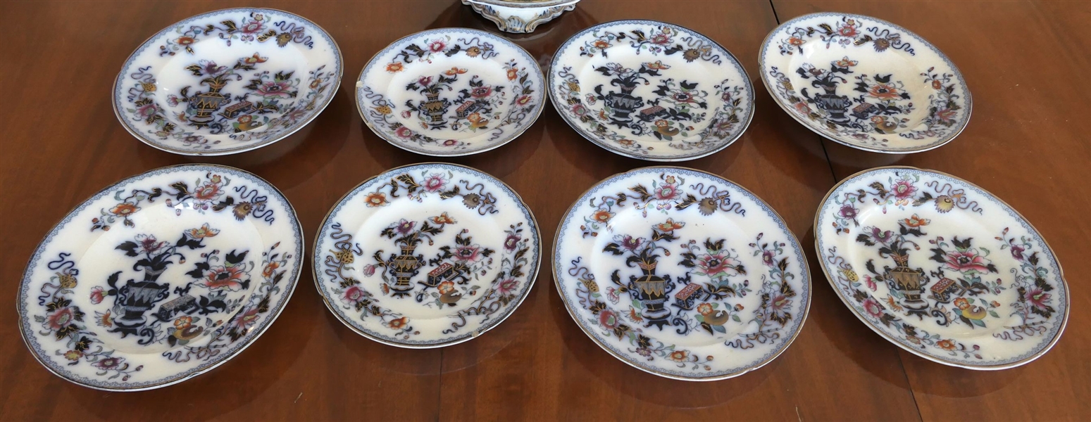 8 Pieces of Antique Imperial Ironstone Transferware including 8 Plates, 2 Plates are Chipped, 1 Has Hairline