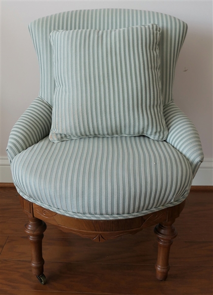 Petit Victorian Low Chair with Sage Green Striped Upholstery- Matching Throw Pillow - Chair Measures 30" tall 23" Across