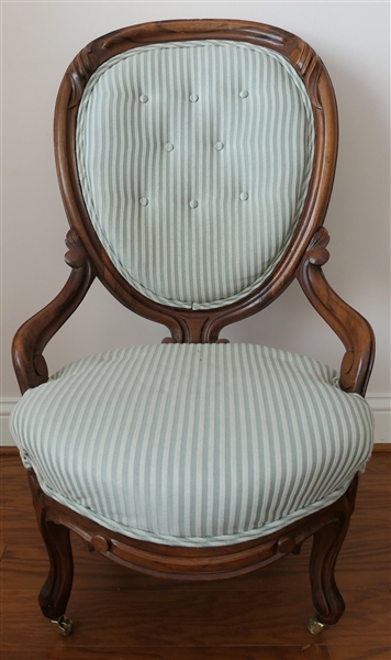 Walnut Victorian Parlor Chair with Sage Green Upholstery - Matching Throw Pillow - Chair Measures 38 1/2" Tall 22" Wide