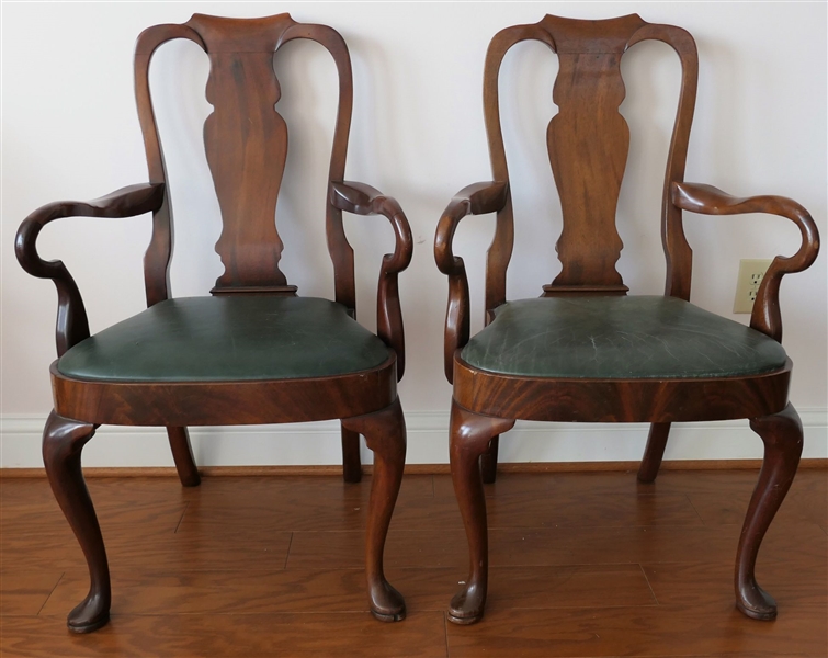 Pair of Beautiful Flame Mahogany Queen Anne Padded Foot Arm Chairs - Leather Seats - Measuring 39" tall 22" by 18" 