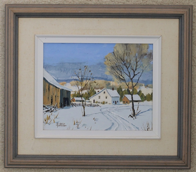Artist Signed Postman Oil on Board Painting of Winter Scene - Framed and Matted - Frame Measures 14 1/2" by 16 1/2" 