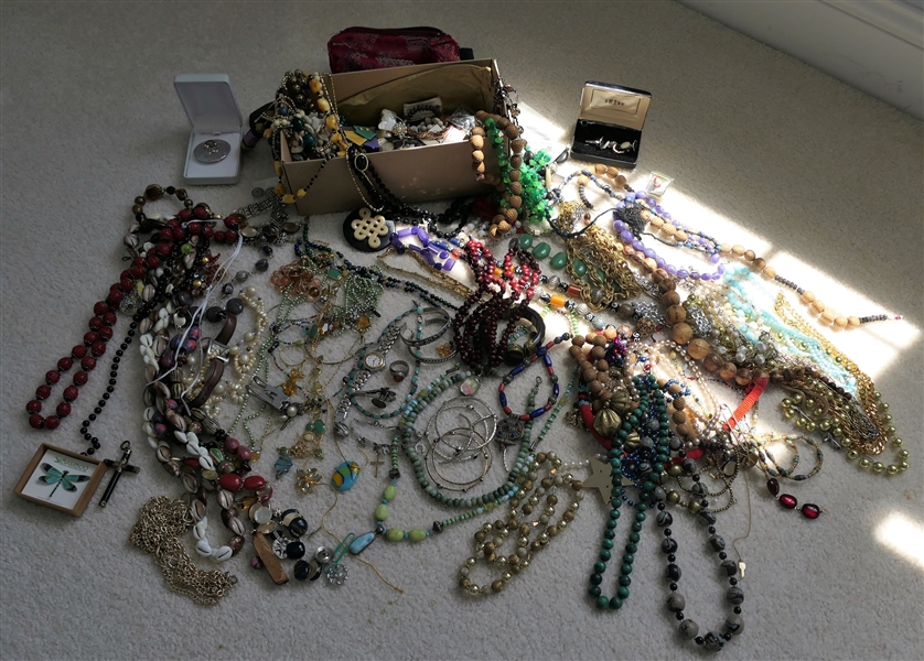 Large Lot of Costume Jewelry and Sterling - Including Beaded Necklaces, Bangle Bracelets, Sterling Money Clip, Scottish Pin, and More