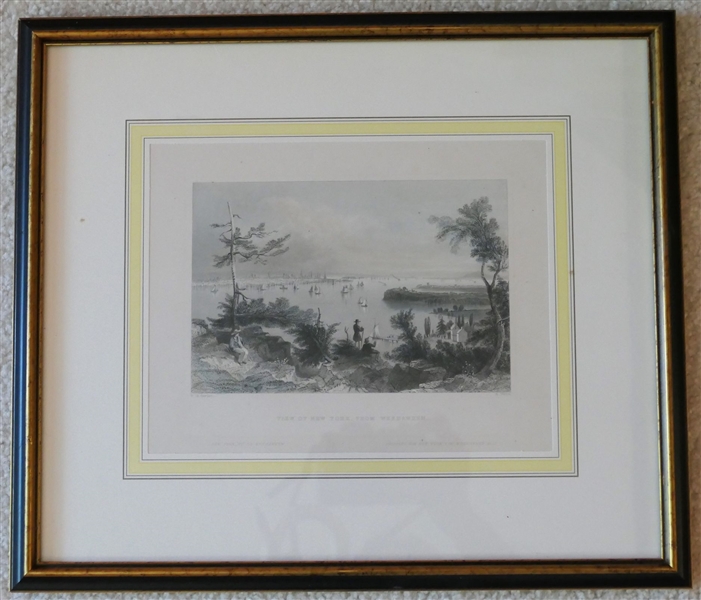 "View of New York, From Weehawken" Circa 1840 Etching - W.H. Bartlett - Framed and Matted - Frame Measures 13" by 15" 
