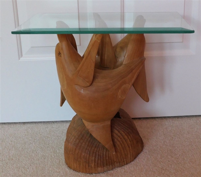 Wood Carved Dolphin Occasional Table with Beveled Glass Top - Table Measures 16" Tall 16 3/4" by 10" 