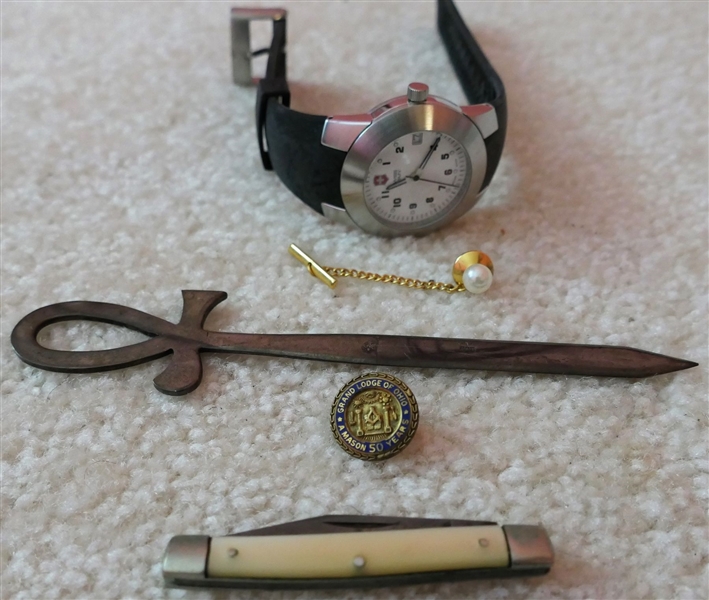 Hallmarked Letter Opener, Case XX Pocket Knife, Swiss Army Watch, and 2 Tie Tacks