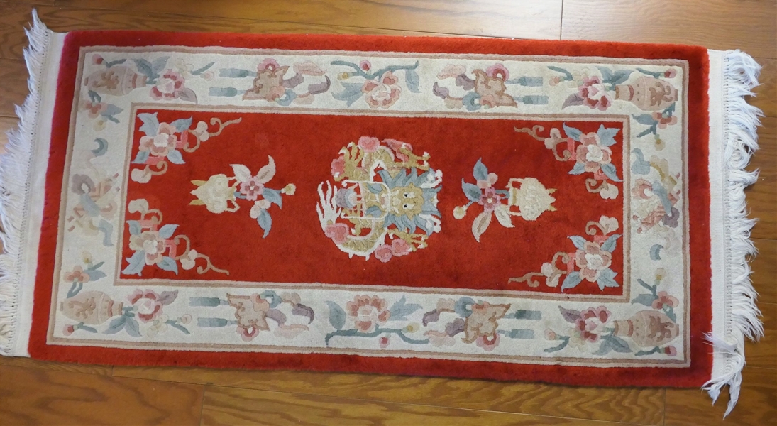 Red and Cream Wool Oriental Rug - Measures 54" by 27" 