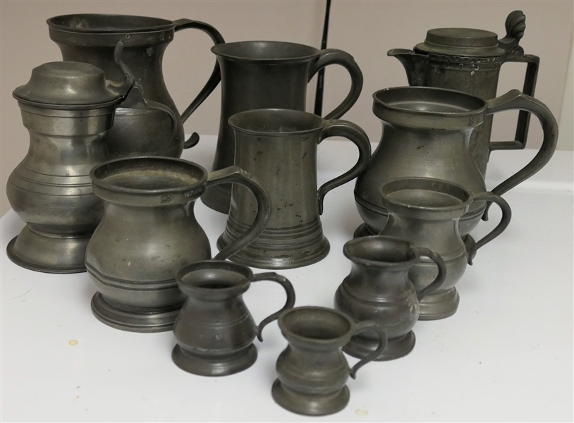 11 Pieces of Antique English Pewter - Hallmarked and Some Engraved - largest Tankard Measures 6 1/2" Tall Stamped 96 - Smallest Measures 2"