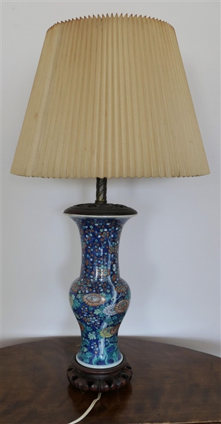 Beautiful Asian Vase Style Table Lamp with  Wood Carved Top and Bottom - Lamp Measures 20" Tall 