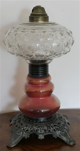 Antique Oil Lamp with Metal Base - Star Design on Font - Measures 11" Tall - No Burner