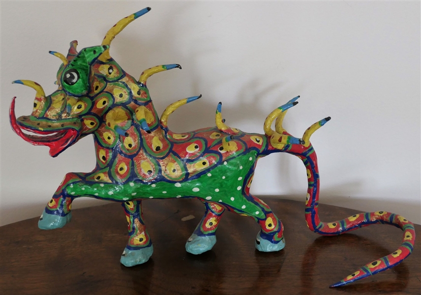 Fun Colorful Paper Mache Dragon Signed PM - Measures 10" tall 15" Nose to Tail 